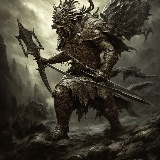 Prompt: Fierce warrior holding a majestic spear, mighty stance, powerful expression, intricate armor glistening in the sunlight, rich textures and details, dramatic shadows enhance form, intense atmosphere, dynamic pose conveying strength, epic fantasy setting, fantasy landscape in the background, high definition, ultra-detailed craftsmanship, vibrant color palette with deep reds and rich greens, cinematic and heroic ambiance.
