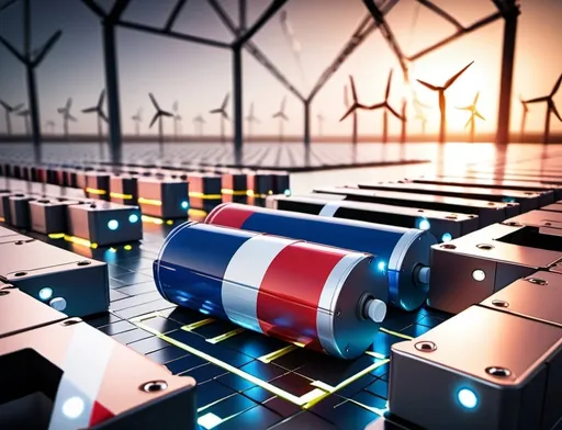 Prompt: Battery storage facility generating euros with french flag in the background, futuristic energy infrastructure, ultra-detailed, highres, currency production, grid connection, industrial landscape, sleek design, professional, atmospheric lighting