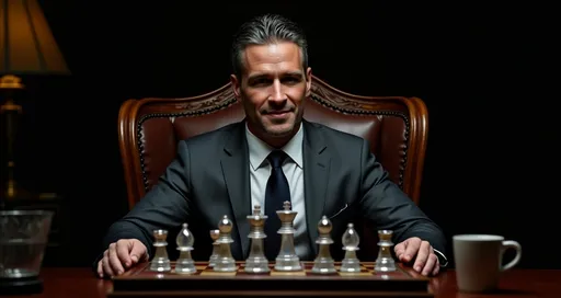 Prompt: man wearing gray suit sitting in a oversized ornate wooden chair on opposite side of a nice, large desk. Chess board on desk - Ornate oversized glass chess pieces. slight smirk on his face and he's looking forward. Camera angle is directly in front - 6 feet away - table height. room is dark except for items on desk that are illuminated by a single lamp. style is photorealistic. Ultra detailed - 8k. Muted colors, cold, but very detailed. 