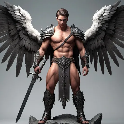 Prompt: Male fantasy winged warrior with sword
