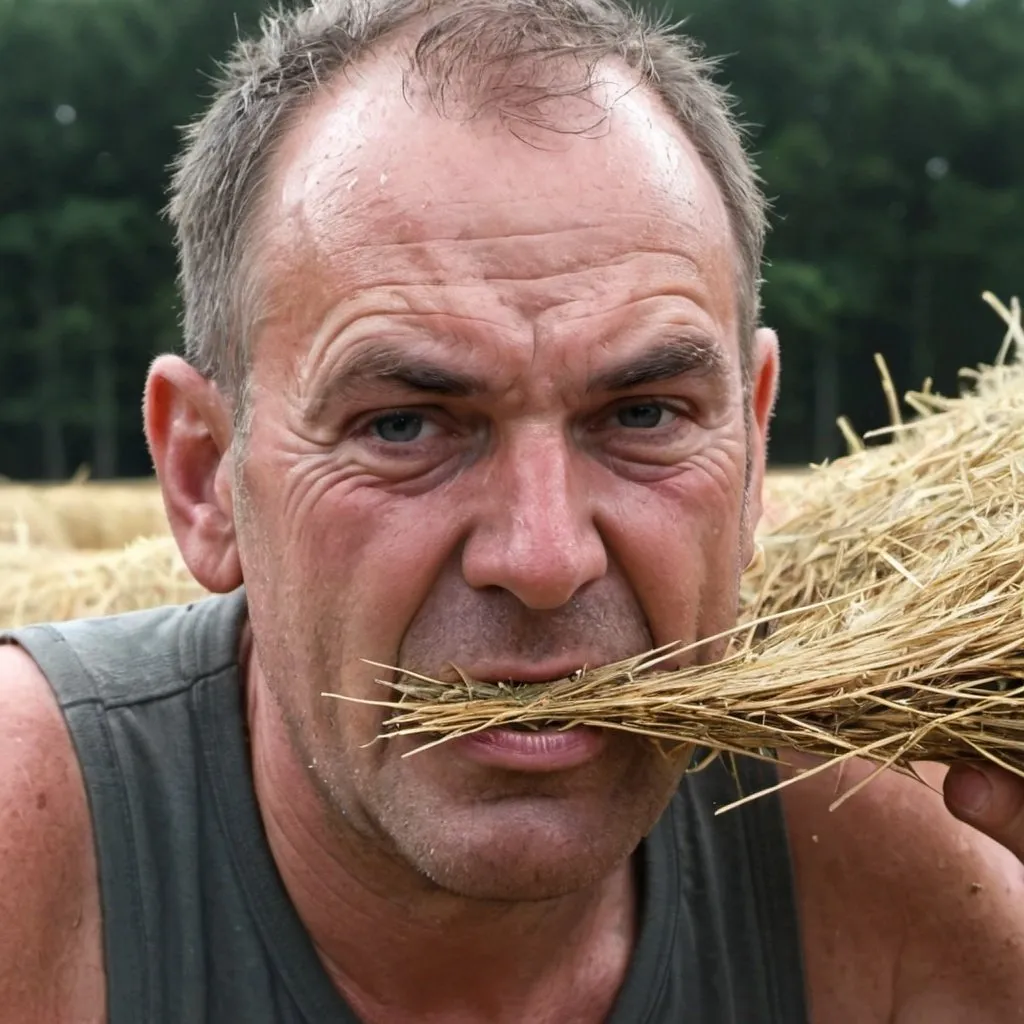 Prompt: sweaty greasy man chewing hay