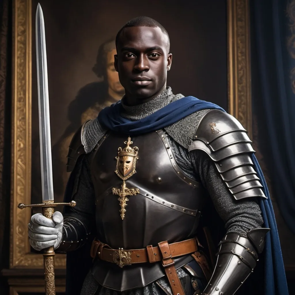 Prompt: A dark skinned knight posing for a royal portrait with sword in hand
