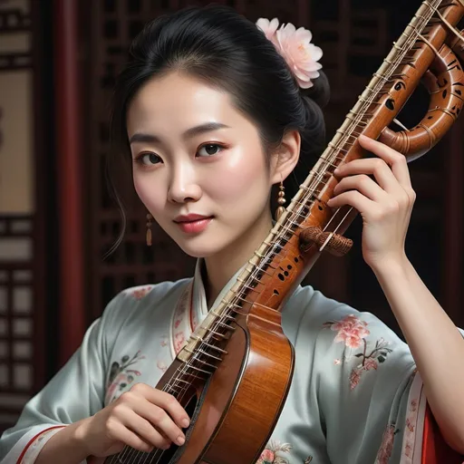 Prompt: Photorealistic image of an elegant Chinese woman playing the Pipa, traditional Chinese musical instrument, intricate details on Pipa strings, delicate facial features, flowing traditional Chinese attire, realistic skin texture, authentic expression, high quality, photorealism, traditional music, elegant, detailed Pipa, realistic facial features, flowing attire, authentic expression, immersive lighting