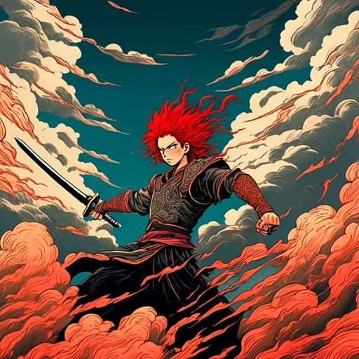 Prompt: Manga drawing, a man with vibrant red hair, confidently wielding a sword, dramatic sky background with fluffy clouds, inspired by Aya Goda, influenced by les nabis style, vivid colors and intricate details, dynamic composition focusing on the energy of the moment, 4K ultra-detailed artwork, striking anime aesthetics and emotional expression, captivating blend of action and artistry.