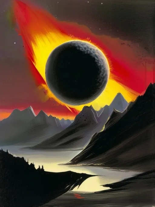 Prompt: a painting of a black hole in the sky with a red and yellow light coming out of it and a mountain in the background, Chesley Bonestell, altermodern, sun, concept art