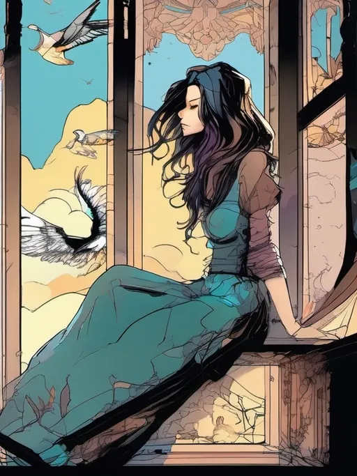 Prompt: Dark aesthetic comic book panel depicting a woman sitting on the ground by a large window, a mysterious atmosphere surrounding her, birds soaring by her side, intricate detailing inspired by Alan Davis and Yukito Kishiro, elements reminiscent of Kingdom Hearts, seamlessly blending motifs from dark Disney, rich shadows and muted colors for a haunting yet captivating ambiance, ultra-detailed, high contrast.