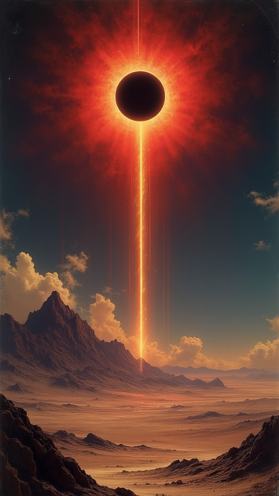 Prompt: a painting of a black hole in the sky with a red and yellow light coming out of it and a mountain in the background, Chesley Bonestell, altermodern, sun, concept art