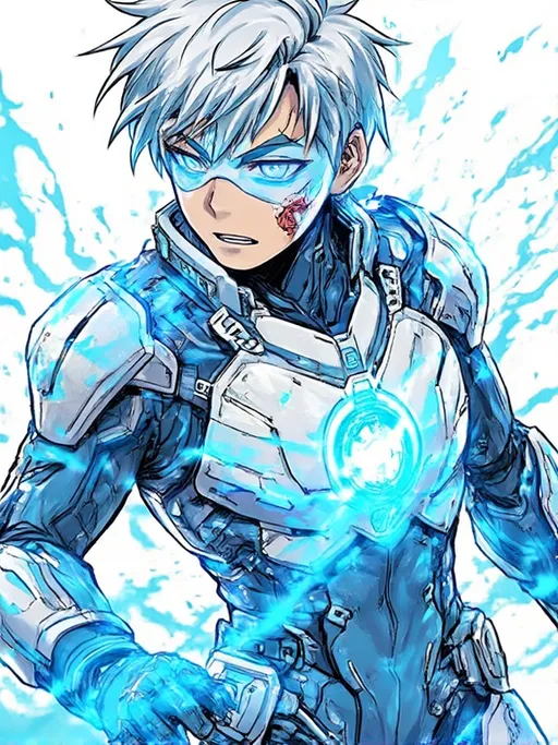 Prompt: A battle-hardened survivor wrapped in high-tech armor, your MC is a kinetic powerhouse fueled by impact energy. His light blue and white suit, lined with sliding box panels, adapts dynamically in combat, while a glowing blue heart module at his chest pulses with stored power. A scar runs across his cheek, a reminder of close calls, and he’s missing a finger from an explosion that nearly cost him more. Beneath the mask, sharp electric-blue eyes reflect his relentless drive, and his short, slightly unkempt hair—possibly streaked with white or blue—adds to his rogue-like edge. Fast, tactical, and always charging forward, he turns every hit into fuel, making him a living conduit of kinetic destruction. Realistic comic. Young teenager