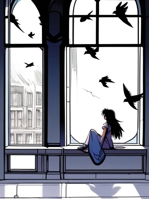 Prompt: a woman sitting on the ground in front of a window with a bird flying by her side and a bird flying by her side, Alan Davis, auto-destructive art, yukito kishiro, a comic book panel, kingdom hearts, dark aesthetic, dark disney