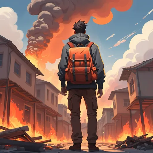 Prompt: a man with a backpack and a backpack on his back in front of a fire and buildings with a sky background, Adam Manyoki, rayonism, official art, concept art