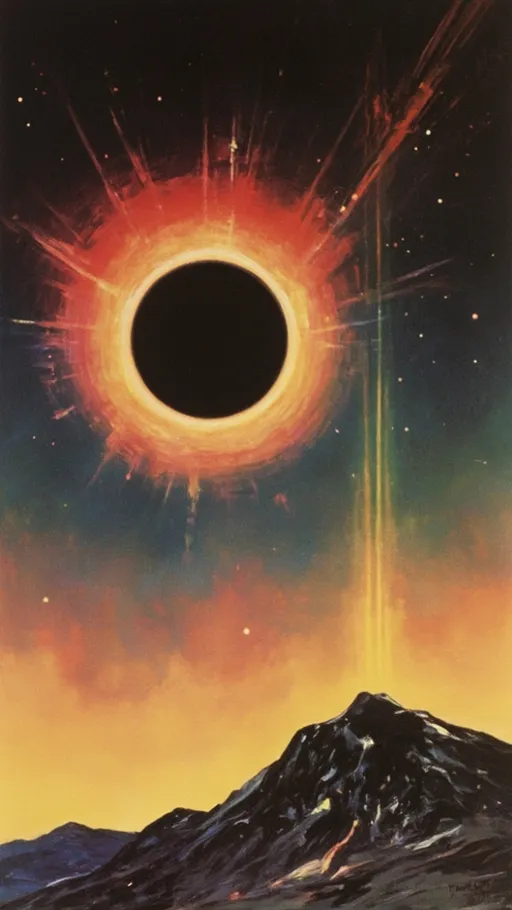 Prompt: a painting of a black hole in the sky with a red and yellow light coming out of it and a mountain in the background, Chesley Bonestell, altermodern, sun, concept art