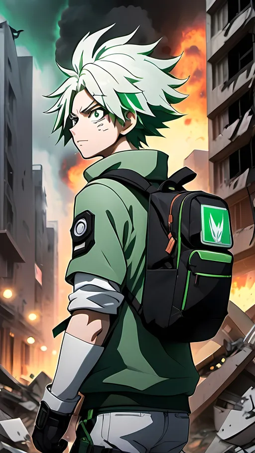 Prompt: Anime, white and green hair, in a dynamic poses amidst the chaos of a city in wreckage. He carry tactical backpacks as explosions illuminate the background, evoking the intense energy of My Hero Academia. The artistry boasts sleek anime style, blending elements reminiscent of Demon Slayer, while capturing the drawn essence of a bustling urban landscape. 