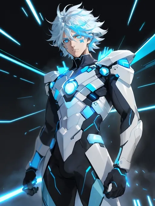 Prompt: A battle-hardened young teen in a sleek, light blue and white high-tech suit with sliding box panels. A glowing blue heart module pulses at his chest, storing kinetic energy from every impact. He has sharp electric-blue eyes, a scar across his cheek, and is missing a finger from an explosion. His short, slightly unkempt hair has streaks of white or blue. Fast and tactical, he turns every hit into fuel, making him a living conduit of kinetic destruction. Realistic comic style.