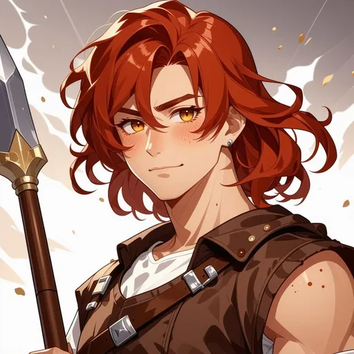 Prompt: Red hair, flowing bangs, freckles, full body, Greek, 3d animation, short spear, golden eyes, brown wooly leather vest with white strips, anime, male, thick eyebrows, Smokey background, thin, manga, webtoon