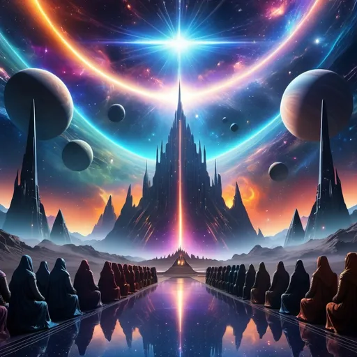 Prompt: A council of twelve all-powerful beings that govern the universe, (superhuman abilities), extraordinary alien forms, cosmic setting, stunning interstellar background with nebulae and stars, vibrant ethereal colors, glowing elements, dynamic light flares, cool tones, majestic atmosphere, mysterious and grand, high depth cinematic masterpiece, ultra-detailed, 4K, awe-inspiring, sense of divine authority