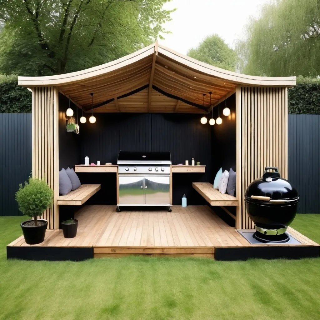 Prompt: Design me a double garden space with hut seats and a open bbq for a nail salon 