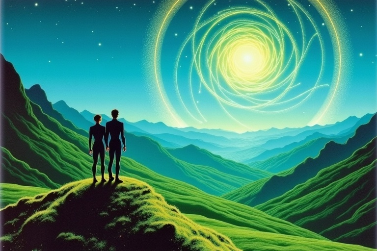 Prompt: Ultra vivid landscape of A couple, holding hands, up in a mountain, facing a green pallette valley, on the blue sky several interconnected big whimsical intricate swirls made by aliens shining upon the valley, yellow fireflies all around, The last of us, spring season, sci-fi style, uhd, eerie feeling.