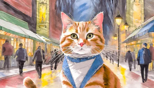 Prompt: "Illustrate an enchanting inked odyssey featuring a spirited ginger cat as it navigates the vibrant city streets by night, embarking on a series of whimsical adventures. Each scene should capture the cat's joyful demeanor, with its tail held high and ears perked, showcasing a tapestry of nocturnal escapades. From playful encounters with street performers and delightful interactions with curious passersby to thrilling chases after elusive shadows under the moonlight.