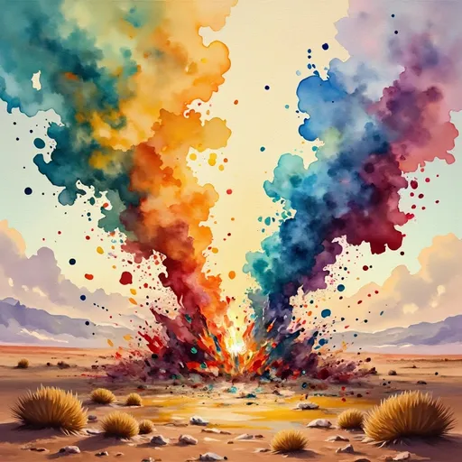 Prompt:  Ultra vivid image, UHD, 8k, a clash between two spinning tornadoes of colors (blue, yellow, ginger, red and green) splattering colorful and golden smoke and brush strokes on the earth around. The tornadoes open a swirling hole in the sky. The tornadoes spin throughout a desert valley. Oil on canvas style with thick impasto paint.