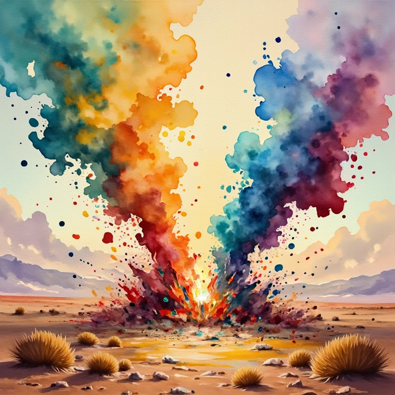 Prompt:  Ultra vivid image, UHD, 8k, a clash between two spinning tornadoes of colors (blue, yellow, ginger, red and green) splattering colorful and golden smoke and brush strokes on the earth around. The tornadoes open a swirling hole in the sky. The tornadoes spin throughout a desert valley. Oil on canvas style with thick impasto paint.