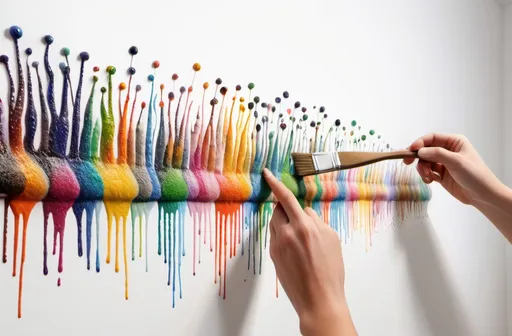 Prompt: A hand holding a large paintbrush shaping a long and large brushstroke of hundreds and thousands of tiny little living colored creatures on a white wall.