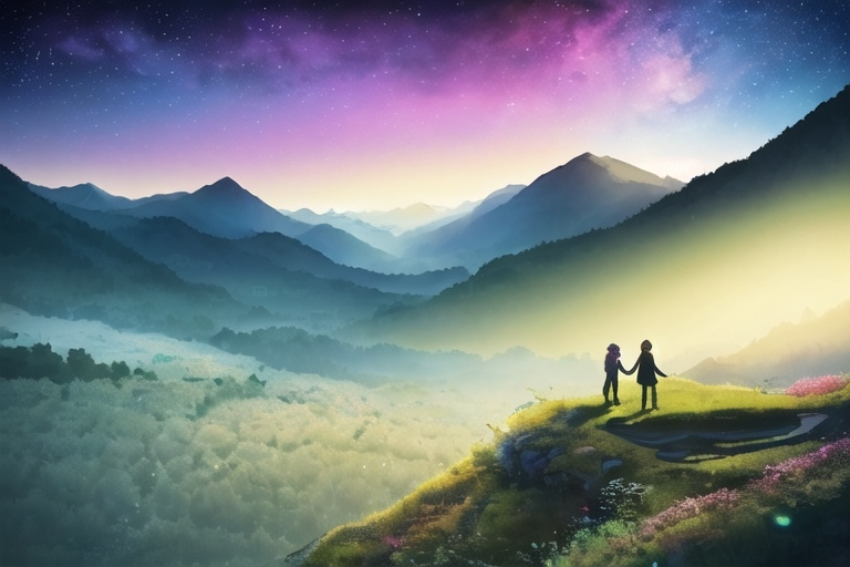 Prompt: Ultra vivid landscape of A couple, holding hands, up in a mountain, facing a green pallette valley, on the blue sky several interconnected big swirls made by aliens shining upon the valley, yellow fireflies all around, The last of us, distopic reality, spring season, sci-fi style, uhd, eerie feeling.