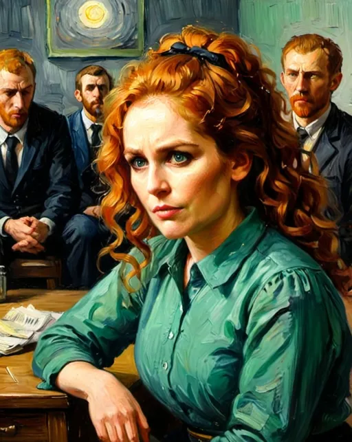 Prompt: Oil painting, Van Gogh style, a ginger curly hair woman, wearing a blouse and skirt, the woman is on her knees, determination expression, the woman is a bright figure, surrounded by shadowy people who try to minimize her goals.