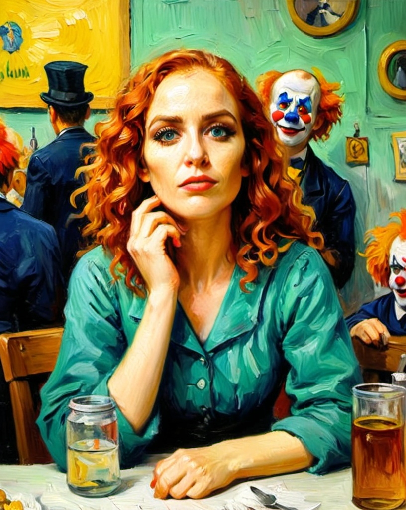 Prompt: Oil painting, van Gogh style, A ginger curly hair woman wearing a rag cloths,the woman sits at a white table surrounded by clowns, the woman intelligence sabbotages her, shock expression.