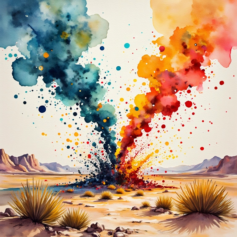 Prompt:  Ultra vivid image, UHD, 8k, a clash between two spinning tornadoes of colors (blue, yellow, ginger, red and green) splattering colorful and golden smoke and brush strokes on the earth around. The tornadoes open a swirling hole in the sky. The tornadoes spin throughout a desert valley. Oil on canvas style with thick impasto paint.