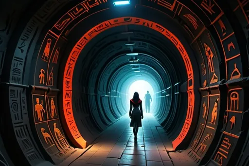 Prompt: an ancient, pitch black and long tunnel which on the walls there are hand made egyptian hieroglyphs in red meaning gods and astronauts. A surviving ginger woman (from behind) in a dystopic world stands at the outside peeping inside the tunnel. At the end of the tunnel it is possible to see a futuristic city with slender pale blue humanoids. Ultra detailed image, high definition, creative. A curiosity feeling.