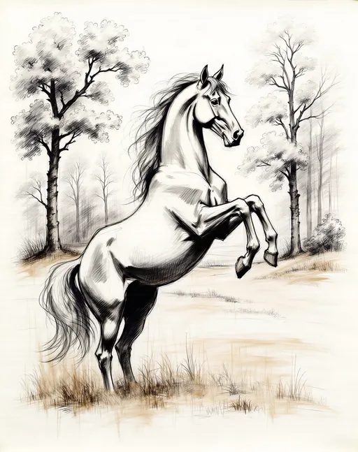 Prompt: pencil-sketch xylography Escher style of a hand drawing a magnificent horse rearing with a Forrest as background 