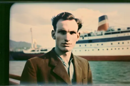 Prompt: polaroid photo, cinematic, Romenia man, posing in front of the ship named ”Orania” which just arrived in Brazil, captured with soft focus and muted colors typical of early film photography, soft lighting, photo realistic