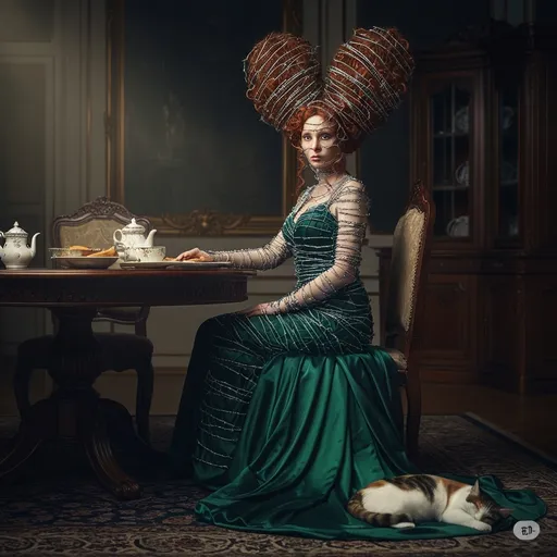 Prompt: The dawn light barely touches the ornate breakfast room, illuminating a dramatic tableau: a richly dressed maiden all made in barbed wire with a coiffure of long, curly ginger hair, impossibly woven from barbed wire. Her emerald gown cascades around her as she occupies the head of the table, an aura of eerie opulence clinging to her. Her stillness creates a jarring tension against the lavish setting. At her feet, a calico cat slumbers peacefully, oblivious to the unsettling beauty of its mistress