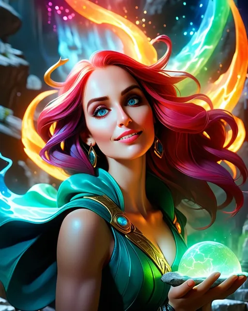 Prompt: A breathtaking UHD digital painting titled 'Empower Palette' — a powerful and majestic fantasy scene where color itself is alive and magical. A celestial figure stands at the center, cloaked in radiant fabrics made of living hues, each color streaming outward like elemental forces — fire-red, storm-blue, nature-green, cosmic-violet, and golden light. Around them, a surreal fantasy landscape unfolds: floating crystal isles, waterfalls of light, chromatic dragons flying across a sky of shifting auroras, and ancient ruins glowing with enchanted pigments. The scene is filled with intricate details — magical runes etched into stones, reflective pools capturing different realities, and fantastical creatures infused with color energy. Full spectrum lighting, ultra-detailed textures, cinematic composition, concept art style. Masterpiece, award-winning, hyper-realistic, 8K render, by Greg Rutkowski, Magali Villeneuve, and Artgerm.