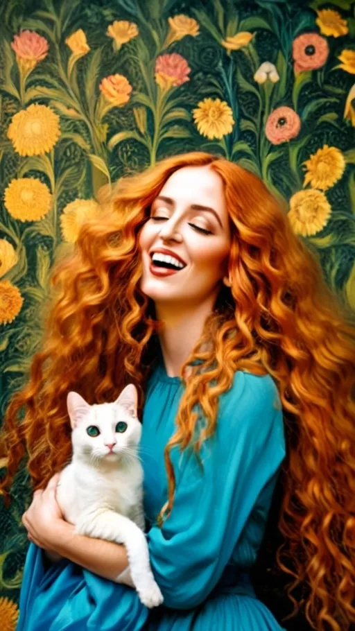 Prompt: Sandro Botticelli style woman with ginger curly hair, infinite inside herself, early Renaissance, mythological, linear, vibrant and a black and white cat