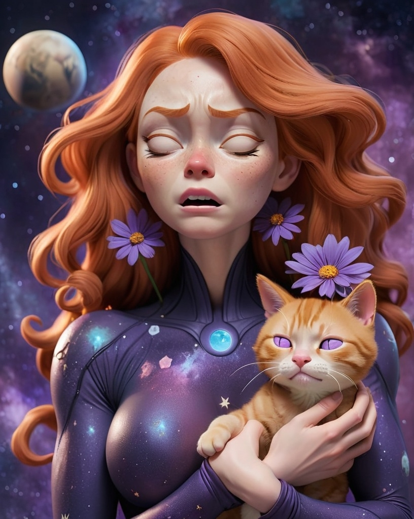 Prompt: Portrait of a full body ginger hair woman sobbing, tears in her eyes, wearing a full spacial bodysuit, holding both a purple flower and a ginger cat wearing a full spacial bodysuit, floating in the space full of stars with the planet Earth as background
