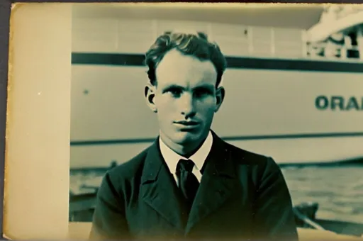 Prompt: Romenia man, posing in front of the ship named ”Orania” which just arrived in Brazil, captured with soft focus and muted colors typical of early film photography