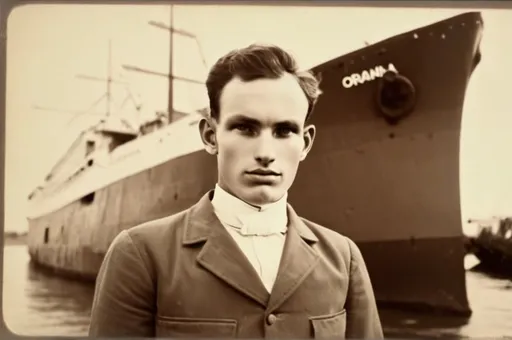Prompt: Romenia man, posing in front of the Orania ship which just arrived in Brazil, captured with soft focus and muted colors typical of early film photography