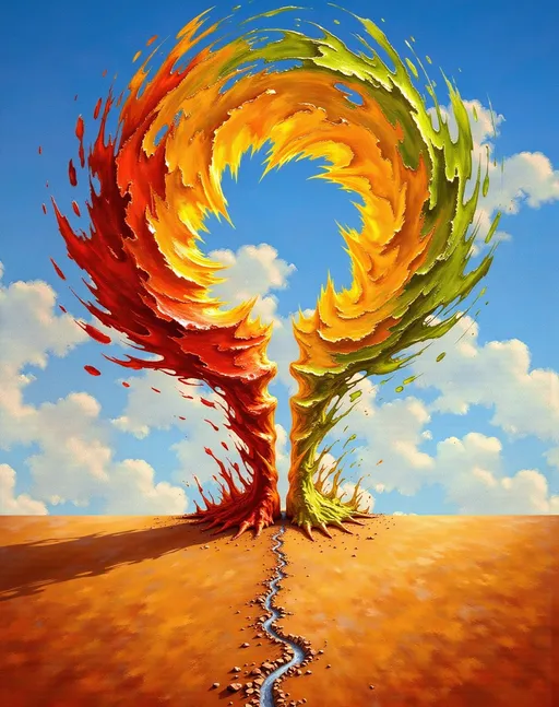 Prompt:  Ultra vivid image, UHD, 8k, a clash between two spinning tornadoes of colors (blue, yellow, ginger, red and green) splattering colorful and golden smoke and brush strokes on the earth around. The tornadoes open a swirling hole in the sky. The tornadoes spin throughout a desert valley. Oil on canvas style with thick impasto paint.