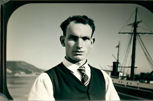 Prompt: Romenian man, posing with ship named ”Orania” in distance as background, captured with soft focus and muted colors typical of early film photography, soft lighting, photo realistic