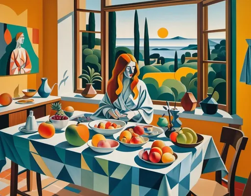 Prompt: The table is set up for breakfast. A cuisine full of gadgets with a ginger long haired woman (seen by behind) wearing a silk robe cutting fruits in cubs on the sink in front of a panoramic window with a natural lush landscape in cubism style, Picasso style. 