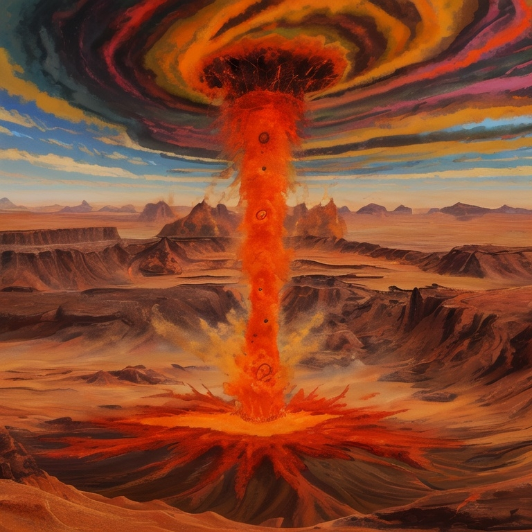 Prompt:  Ultra vivid image, UHD, 8k, a clash between two spinning tornadoes of colors (blue, yellow, ginger, red and green) splattering colorful and golden smoke and brush strokes on the earth around. The tornadoes open a swirling hole in the sky. The tornadoes spin throughout a desert valley. Oil on canvas style with thick impasto paint.