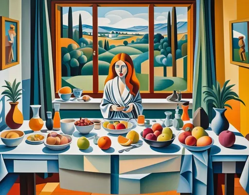 Prompt: The table is set up for breakfast. A cuisine full of gadgets with a ginger long haired woman (seen by behind) wearing a silk robe cutting fruits in cubs on the sink in front of a panoramic window with a natural lush landscape in cubism style, Picasso style. 