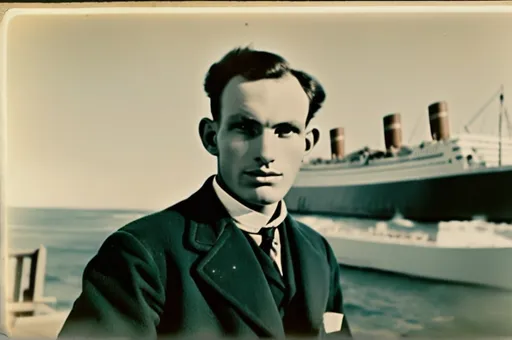 Prompt: Romenian man, posing with ship named ”Orania” in distance as background, captured with soft focus and muted colors typical of early film photography, soft lighting, photo realistic