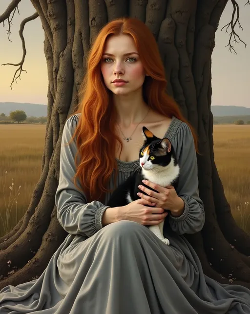 Prompt: A painted portrait of a ginger long hair woman wearing a grey gown holding a calico cat. The woman knows that her life ended and there is no more option ahead. The woman remains sat under a dead tree. Empty expression. Sundown as background. Oil canvas, style Rembrandt.