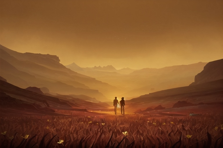 Prompt: A couple, holding hands, facing a brown pallette valley, a single small yellow flower shines at distance, The last of us, distopic reality, autumn season, end of world, uhd,  dramatic.