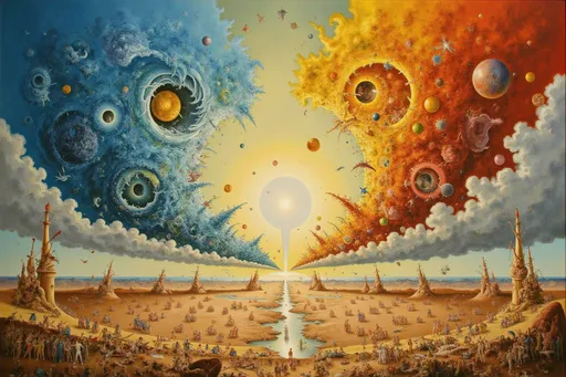 Prompt:  Ultra vivid image, UHD, 8k, a clash between two spinning tornadoes of colors (blue, yellow, ginger, red and green) splattering colorful and golden smoke and brush strokes on the earth around. The tornadoes open a swirling hole in the sky. The tornadoes spin throughout a desert valley. Oil on canvas style with thick impasto paint.