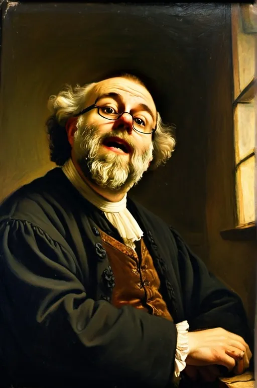 Prompt: Oil painting, Rembrandt, a crazy man as a psychologist wearing a old dirty brass coronet with a old house as background in the Dutch golden age