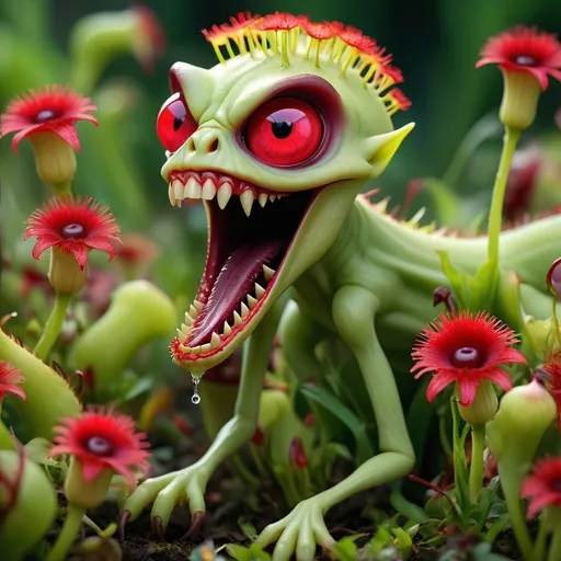 Prompt: A garden of light green, sharp teeth, red eyes and little hands of several carnivorous plants disgustingly eating ultra colored small flowers while dandelions escape flying away.