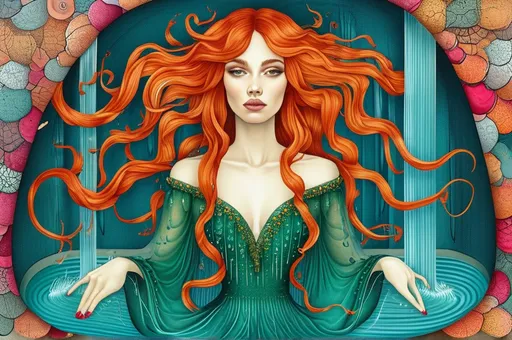 Prompt: An impressive illustration with Ink inspiration of a ginger long curly hair woman, full-body, wearing an emerald gown. The woman is diving in a brain which has a waterfall falling from it ending in a pool of words, made by a point ball pen, colored, dream impression, handmade style.